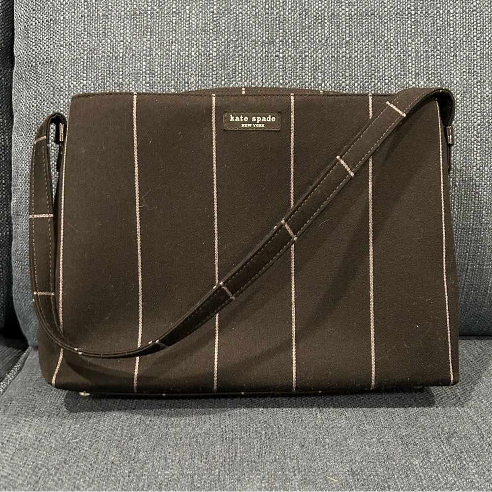 Kate Spade Shoulder Bag Black/Gray Wool Pinstriped Made In Italy